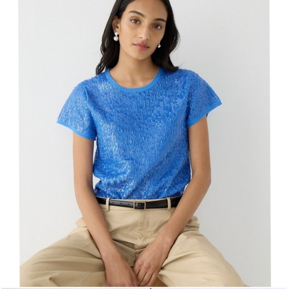 NWT J Crew Collection Sequin Crop Party Career Merino Sweater sz XS blue